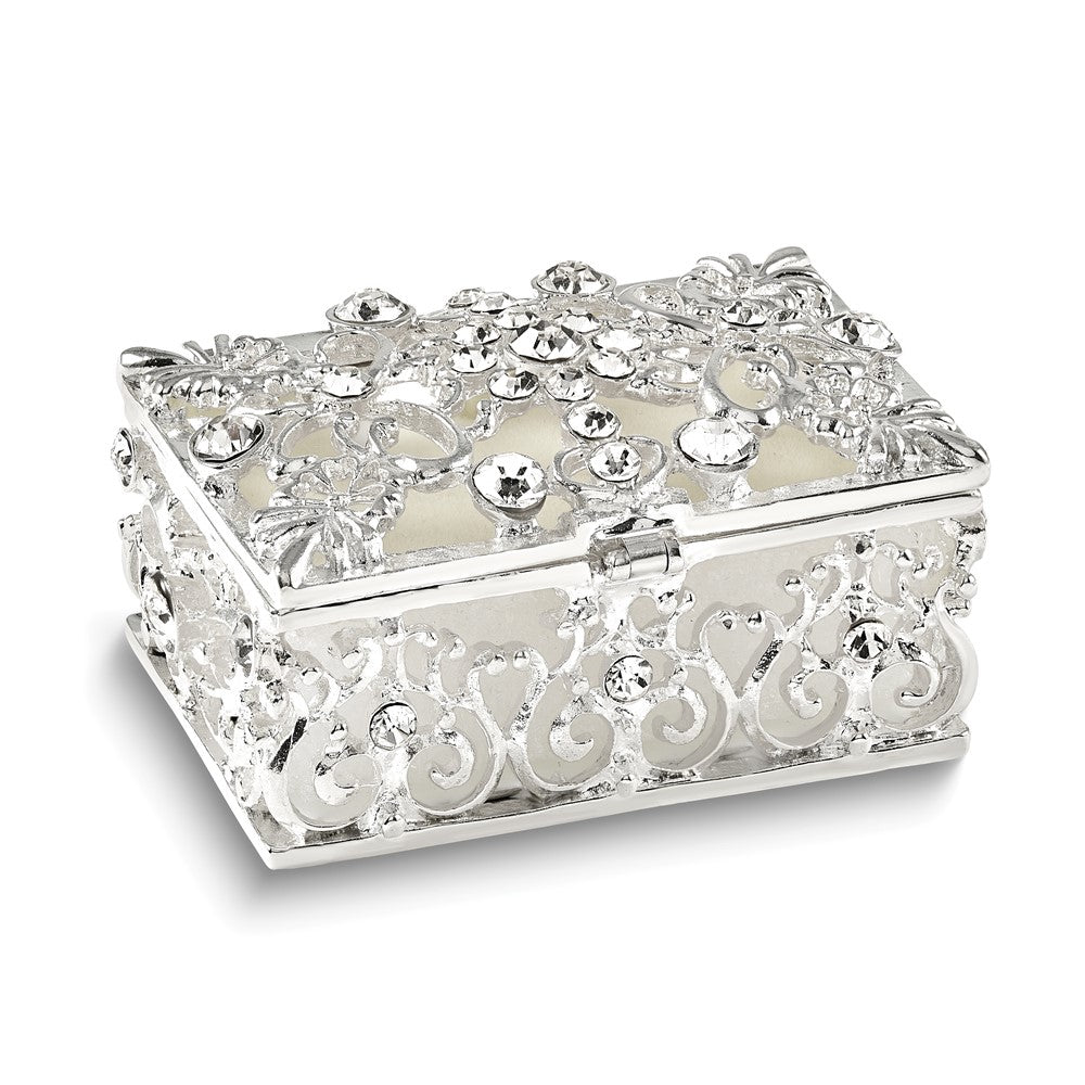 Luxury Giftware Bejeweled ALLURING Rectangle Silver-tone Heart Trinket Box with Matching 18 inch Necklace