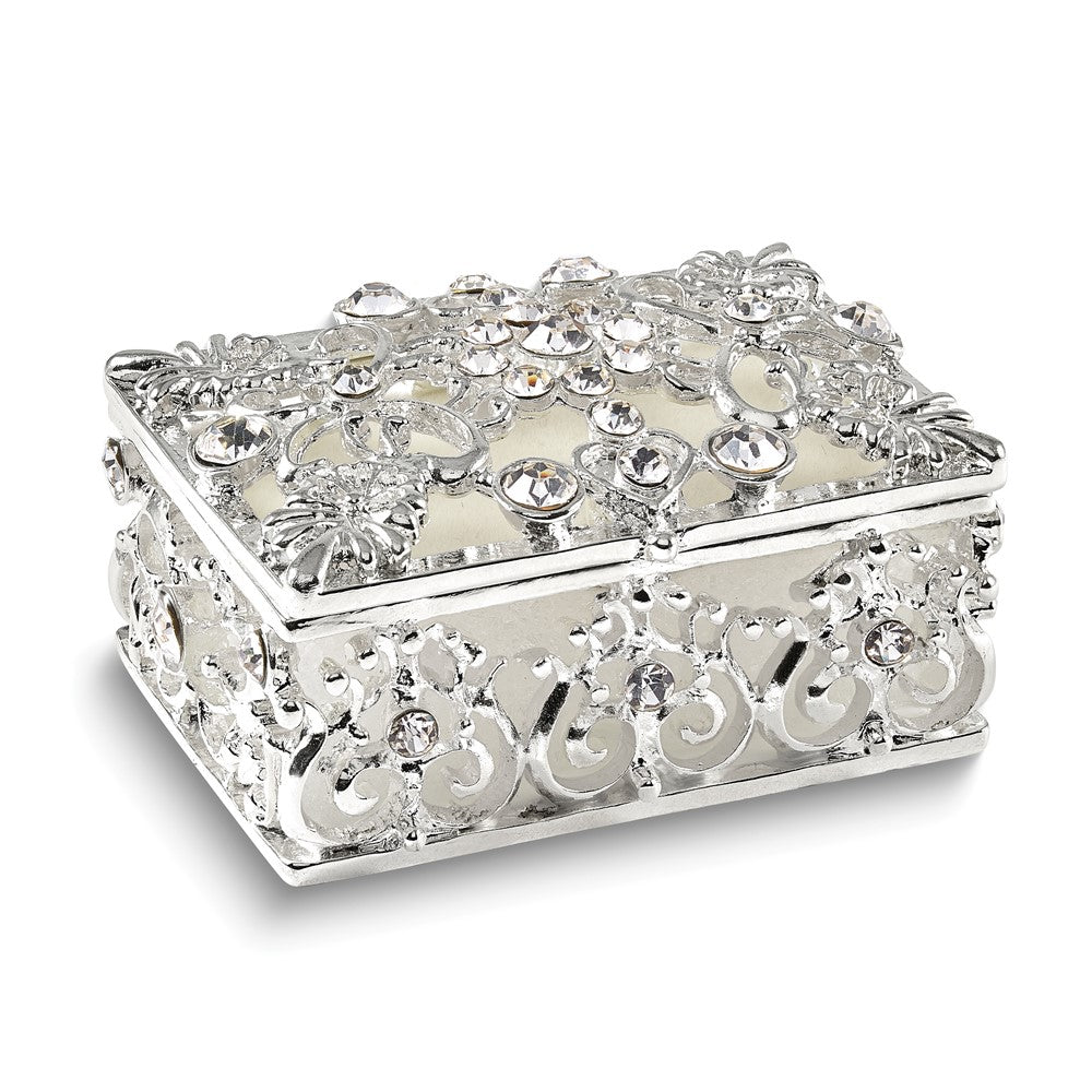 Luxury Giftware Bejeweled ALLURING Rectangle Silver-tone Heart Trinket Box with Matching 18 inch Necklace