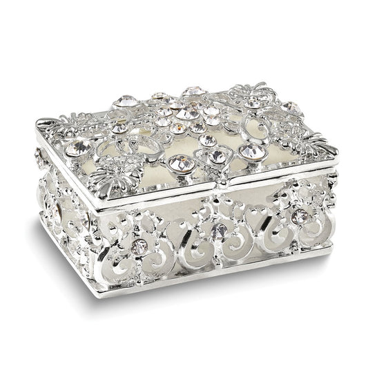 Luxury Giftware Bejeweled ALLURING Rectangle Silver-tone Heart Trinket Box with Matching 18 inch Necklace