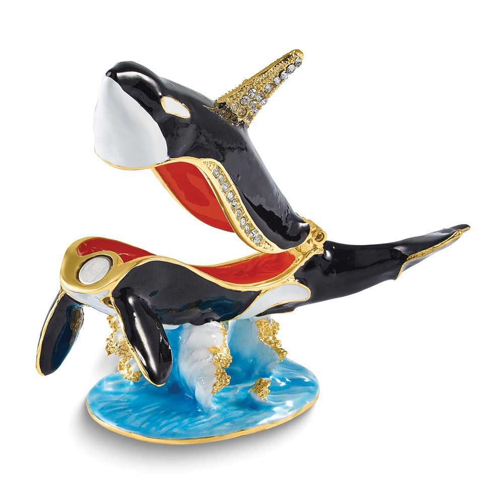 Luxury Giftware Bejeweled ONYX Killer Whale Trinket Box with Matching 18 inch Necklace