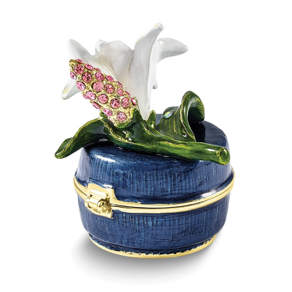 Luxury Giftware Bejeweled LILY DREAMS Lily On Blue Trinket Box with Matching 18 inch Necklace