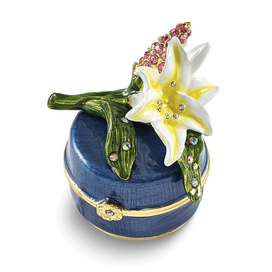 Luxury Giftware Bejeweled LILY DREAMS Lily On Blue Trinket Box with Matching 18 inch Necklace