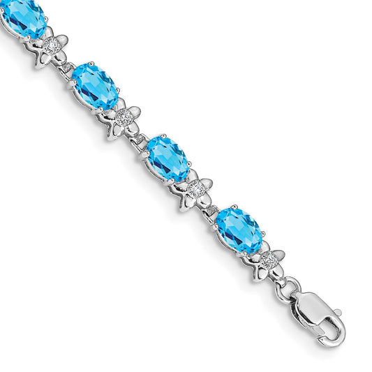 14k White Gold Floral Diamond and Blue Topaz Bracelet