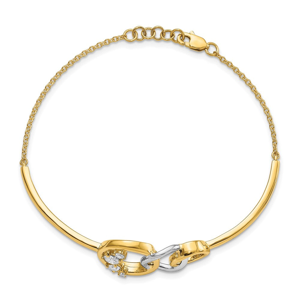 14k Two-tone Polished Diamond Trple Circle Bar 7in w/.5 ext Bracelet