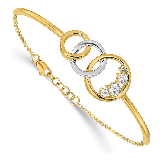 14k Two-tone Polished Diamond Trple Circle Bar 7in w/.5 ext Bracelet