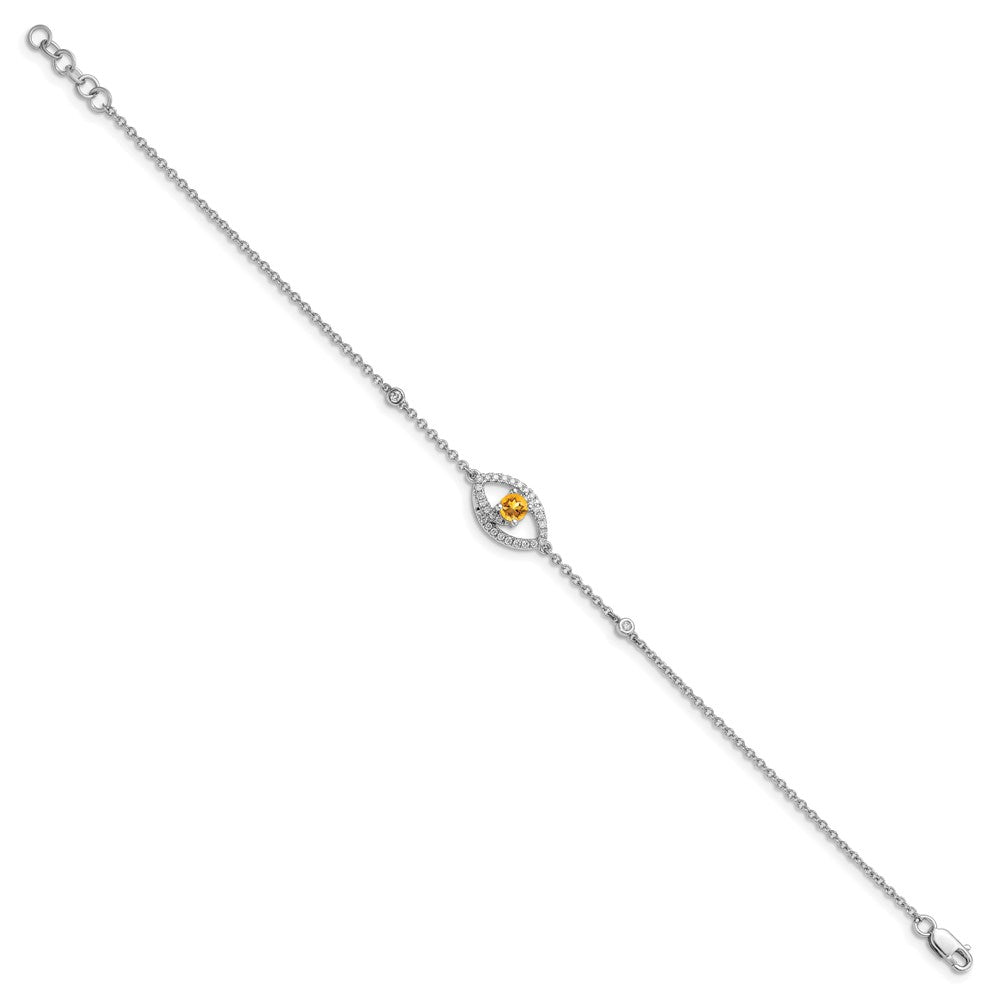 14k White Gold Polished Diamond and Citrine w/.5in Ext Bracelet