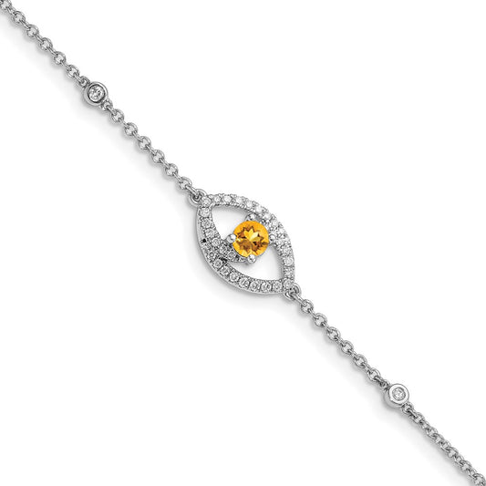 14k White Gold Polished Diamond and Citrine w/.5in Ext Bracelet