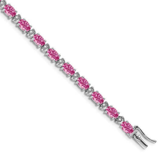 14k White Gold Oval Created Pink Sapphire and Diamond Bracelet