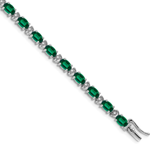 14k White Gold Oval Created Emerald and Diamond Bracelet