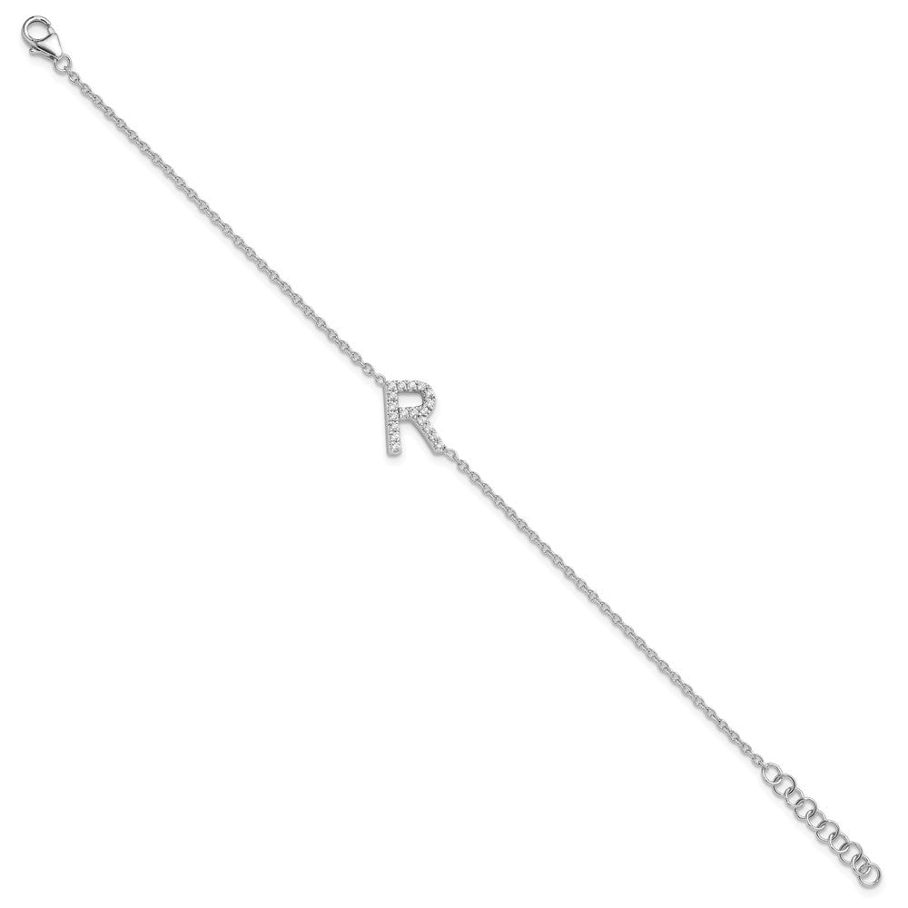 14KW Diamond Sideways Letter R w/ 1in ext. Bracelet
