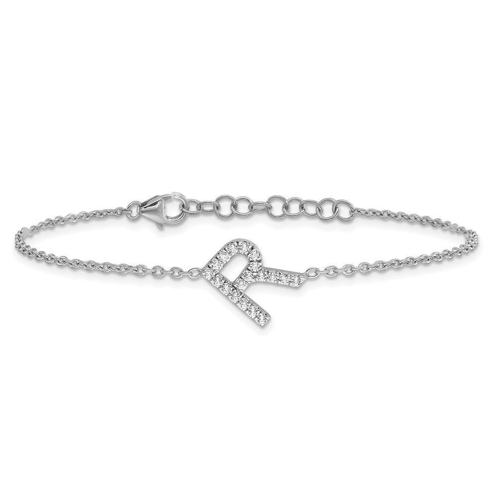 14KW Diamond Sideways Letter R w/ 1in ext. Bracelet