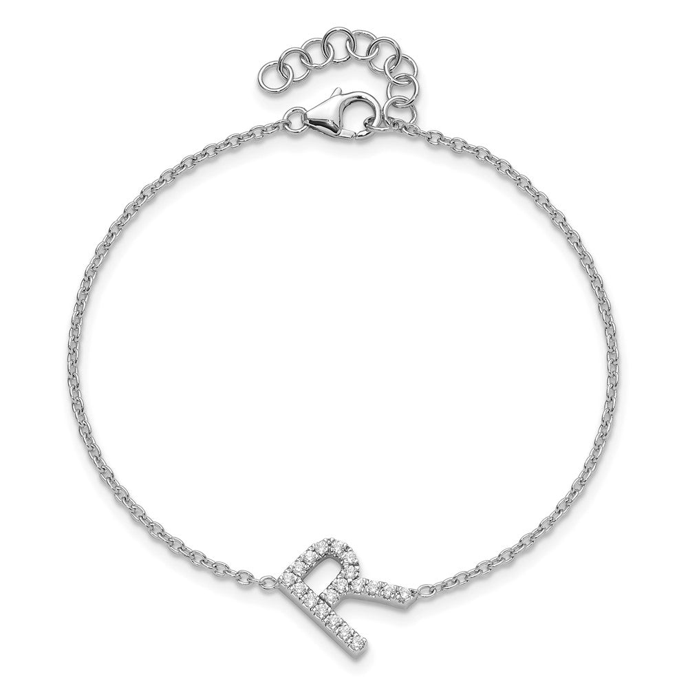 14KW Diamond Sideways Letter R w/ 1in ext. Bracelet