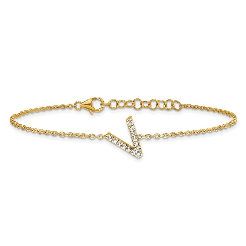 14K Diamond Sideways Letter V w/ 1in ext. Bracelet
