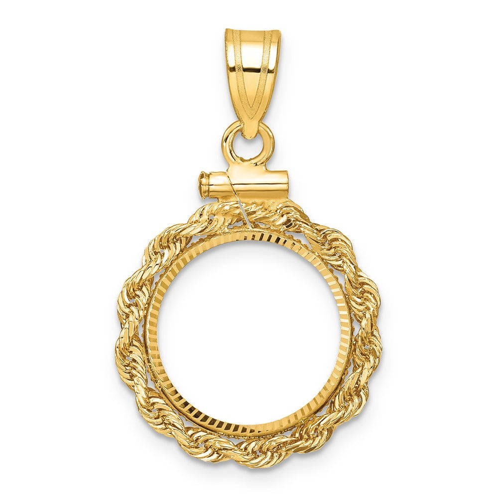 Wideband Distinguished Coin Jewelry 14k Polished Rope and Diamond-cut 14.0mm x 1.1mm Screw Top Coin Bezel Pendant