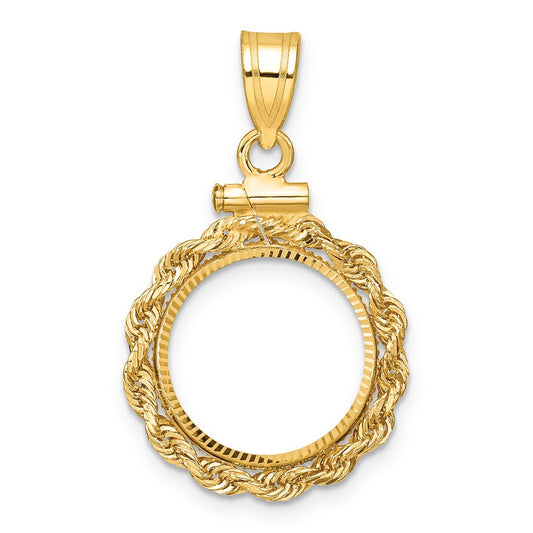 Wideband Distinguished Coin Jewelry 14k Polished Rope and Diamond-cut 14.0mm x 1.1mm Screw Top Coin Bezel Pendant
