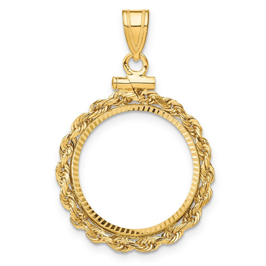 Wideband Distinguished Coin Jewelry 14k Polished Rope and Diamond-cut 18.0mm x 1.35mm Screw Top Coin Bezel Pendant