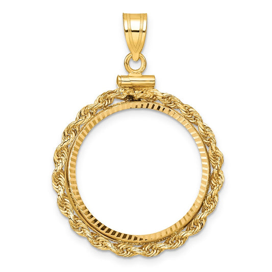 Wideband Distinguished Coin Jewelry 14k Polished Rope and Diamond-cut 22.0mm x 1.9mm Screw Top Coin Bezel Pendant