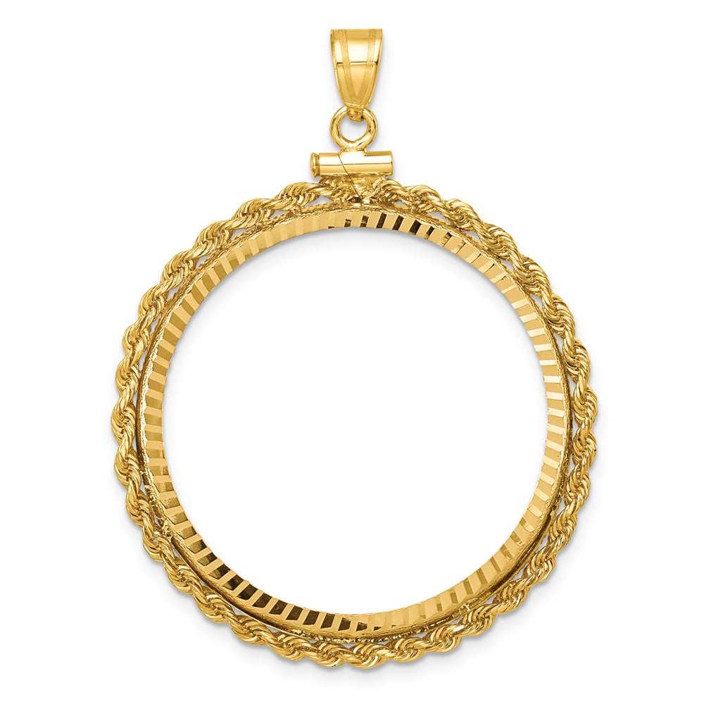 Wideband Distinguished Coin Jewelry 14k Polished Rope and Diamond-cut 32.0mm x 2.85mm Screw Top Coin Bezel Pendant
