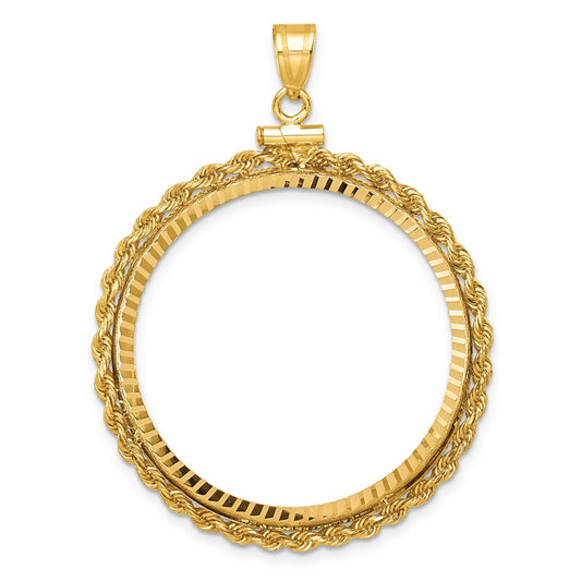 Wideband Distinguished Coin Jewelry 14k Polished Rope and Diamond-cut 32.0mm x 2.85mm Screw Top Coin Bezel Pendant