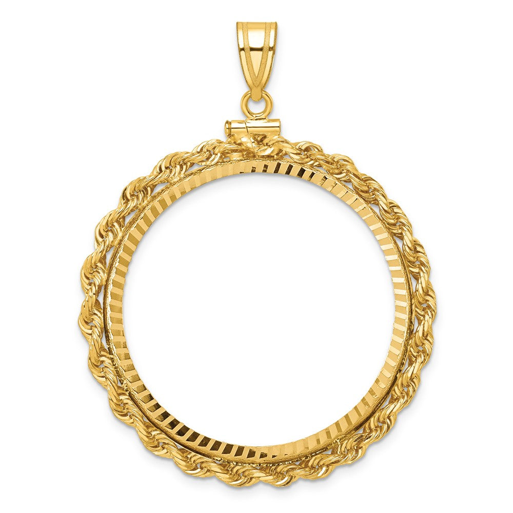 Wideband Distinguished Coin Jewelry 14k Polished Rope and Diamond-cut 34.2mm x 2.85mm Screw Top Coin Bezel Pendant
