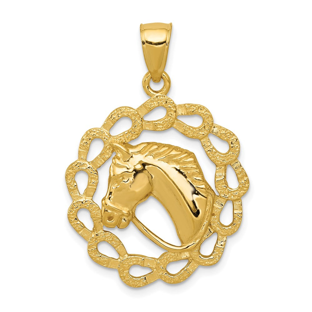 14k Solid Polished Horse Head in Horseshoes Pendant