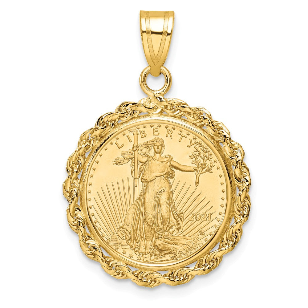 Wideband Distinguished Coin Jewelry 14k Polished Rope Mounted 1/10oz American Eagle Prong Coin Bezel Pendant