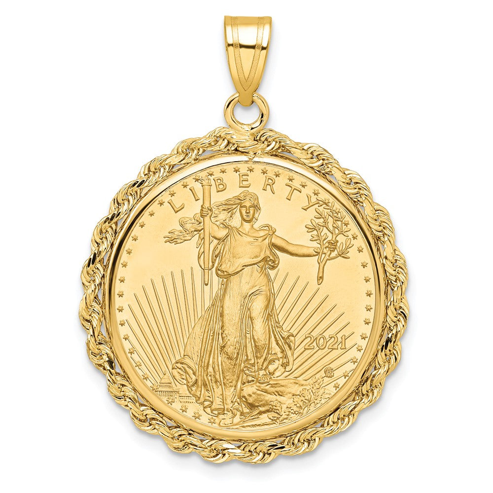 Wideband Distinguished Coin Jewelry 14k Polished Rope Mounted 1/4oz American Eagle Prong Coin Bezel Pendant
