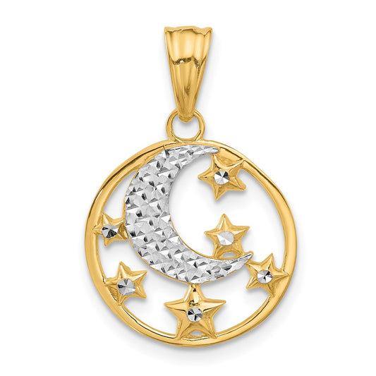 14K and White Rhodium D/C Moon and Stars Pendant
