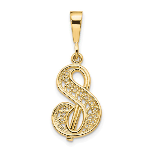 10KY Polished Script Filigree Letter S Initial Pendant