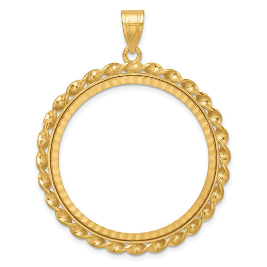 Wideband Distinguished Coin Jewelry 14k Polished Diamond-cut and Wide Twisted Wire 32.7mm Prong Coin Bezel Pendant
