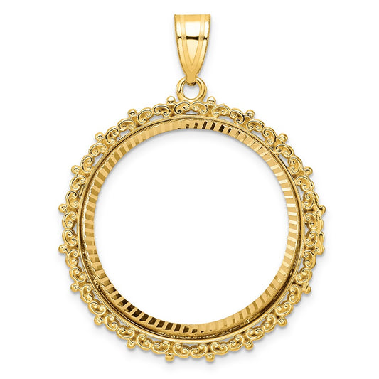 Wideband Distinguished Coin Jewelry 14k Polished and Diamond-cut Fancy 27.0mm Prong Coin Bezel Pendant