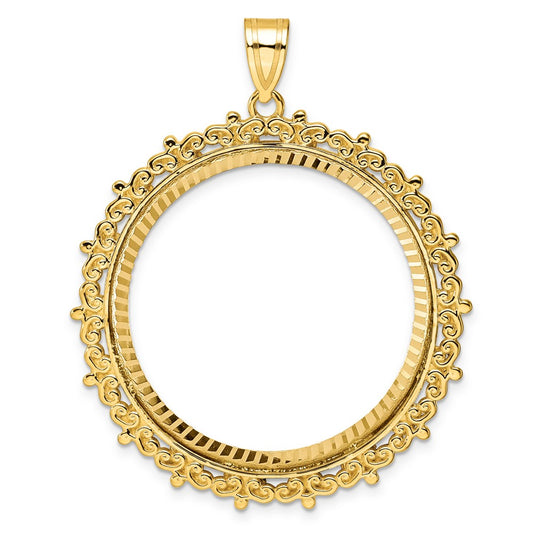 Wideband Distinguished Coin Jewelry 14k Polished and Diamond-cut Fancy 32.7mm Prong Coin Bezel Pendant