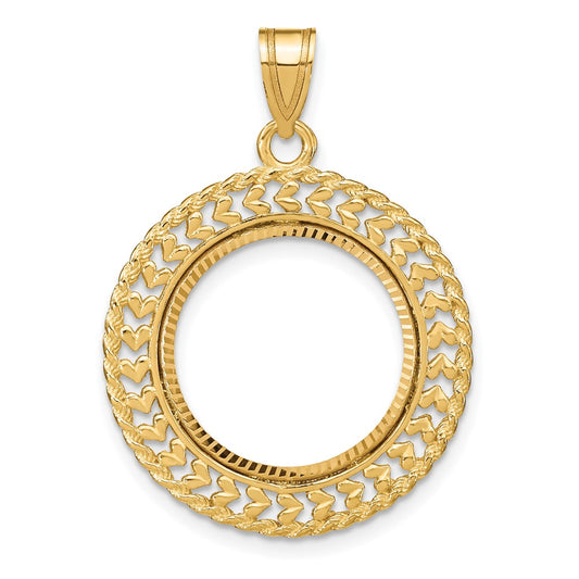 Wideband Distinguished Coin Jewelry 14k Polished and Diamond-cut Heart and Rope 16.5mm Prong Coin Bezel Pendant