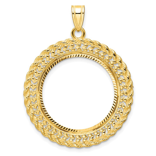 Wideband Distinguished Coin Jewelry 14k Polished and Diamond-cut Heart and Rope 22.0mm Prong Coin Bezel Pendant