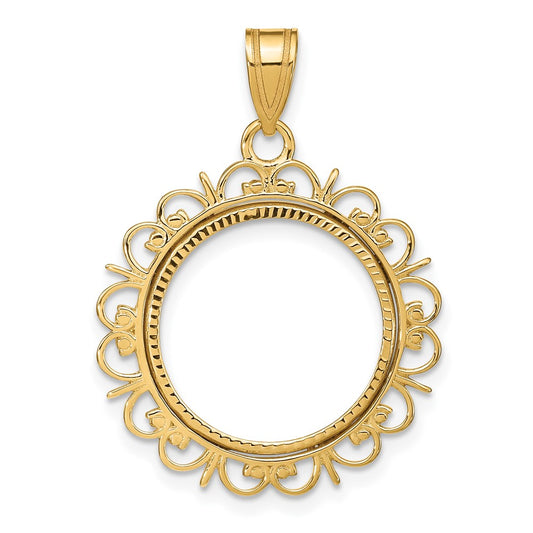 Wideband Distinguished Coin Jewelry 14k Polished and Diamond-cut Fancy 16.5mm Prong Coin Bezel Pendant