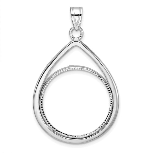 Wideband Distinguished Coin Jewelry 14k White Gold Polished and Diamond-cut Teardrop 22.0mm Prong Coin Bezel Pendant