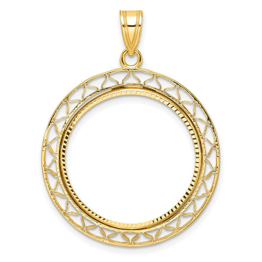 Wideband Distinguished Coin Jewelry 14k Polished and Diamond-cut Fancy Wire 22.0mm Prong Coin Bezel Pendant