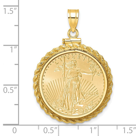 Wideband Distinguished Coin Jewelry 14k Polished Casted Rope Mounted 1/4oz American Eagle Screw Top Coin Bezel Pendant