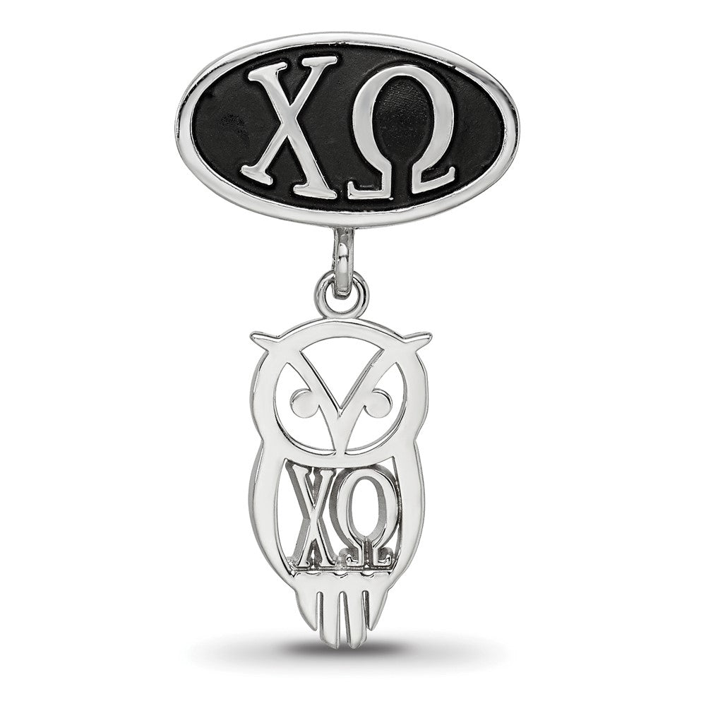 Sterling Silver Chi Omega Sorority Greek Letters Enameled Oval with Owl Dangle Bead