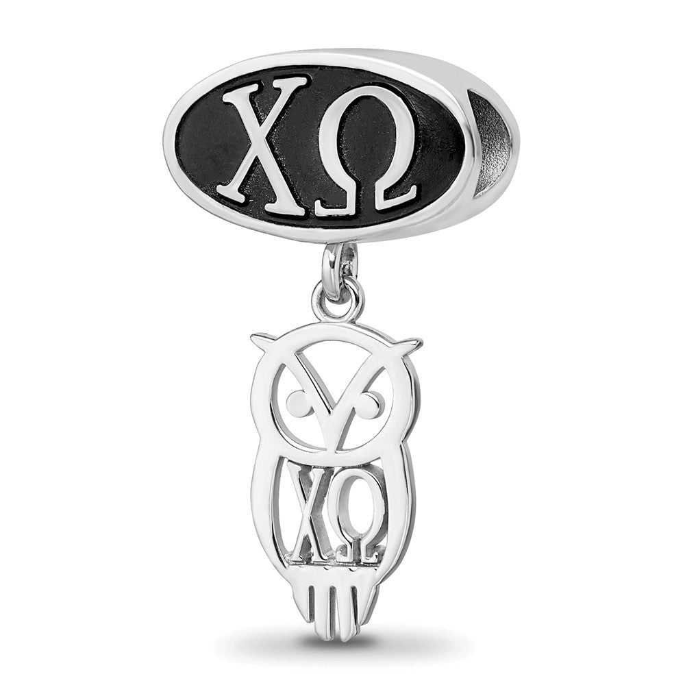 Sterling Silver Chi Omega Sorority Greek Letters Enameled Oval with Owl Dangle Bead