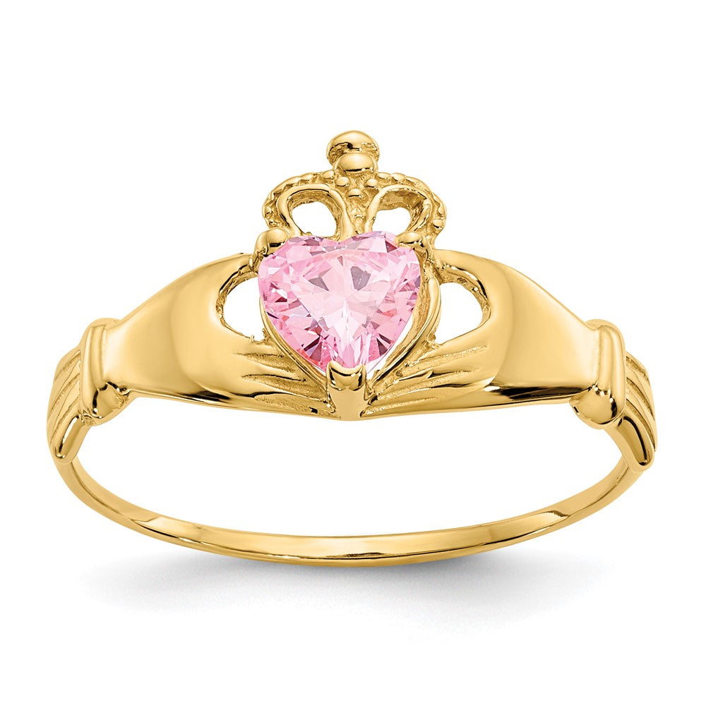 14k Yellow Gold CZ October Birthstone Claddagh Heart Ring