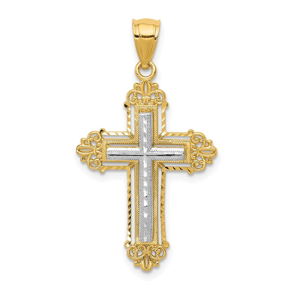 14k Yellow Gold Two-tone Fleur De Lis Cross Pendant