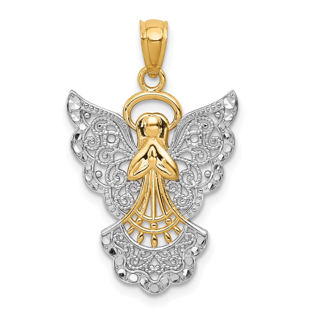 14k Yellow Gold w/Rhodium Filigree Angel Pendant
