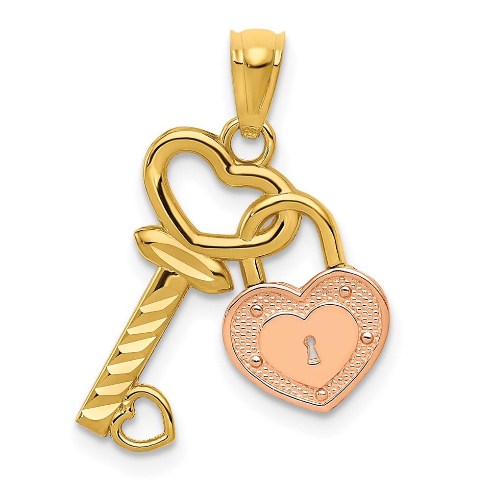 14k Yellow Gold Two-tone Heart Lock and Key Pendant