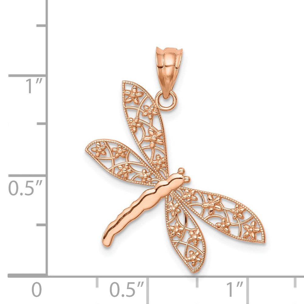 14K Rose Gold Rose Filigree Dragonfly Pendant