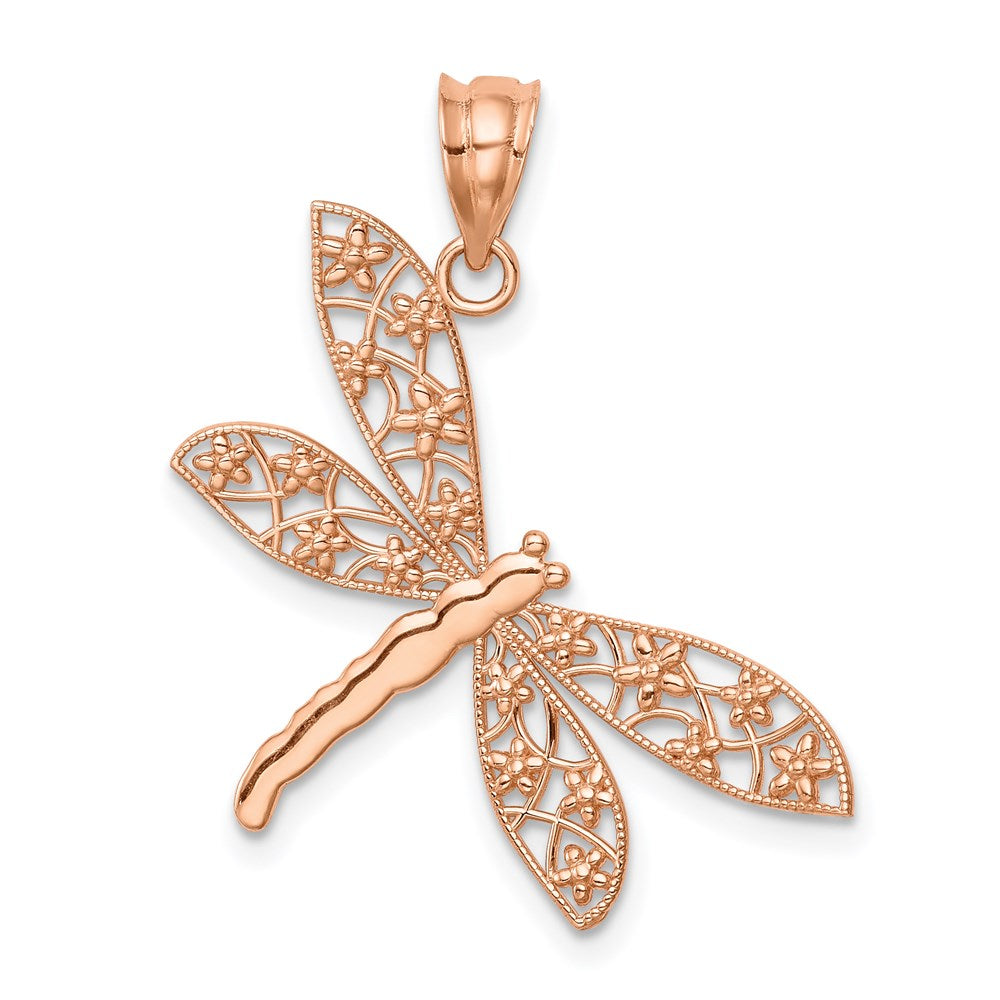 14K Rose Gold Rose Filigree Dragonfly Pendant