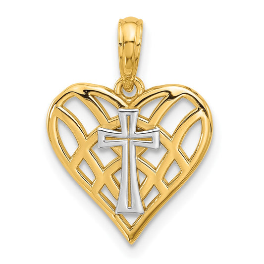 14K and Rhodium Fancy Heart and Cross Charm