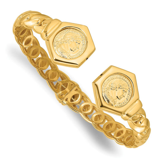 14k Yellow Gold Polished Textured Fancy Link Hinged Cuff Bracelet