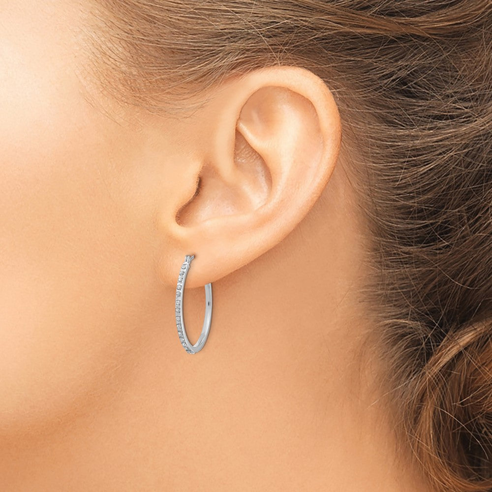 14k White Gold Diamond Fascination Round Hinged Hoop Earrings