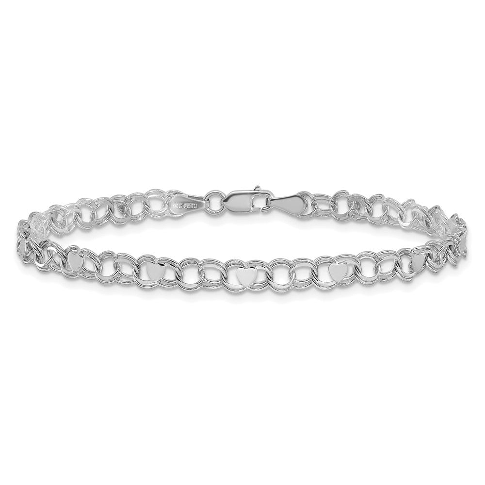 14k White Gold Double Link Heart Charm Bracelet